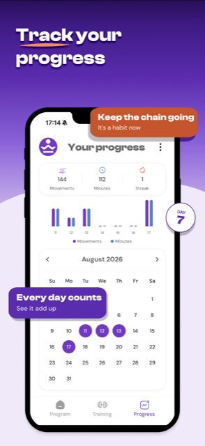 Écran de progression de Taiji : mouvements, minutes, série de jours, graphique et calendrier.